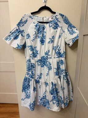 Rachel Parcell XL White Blue Floral Flowy Dress Smocked Wedding Coastal Southern